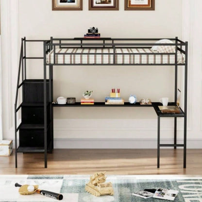 Full Size Metal Loft Bed with L - shaped Desk, LED Lights, Charging Cradle, LED Loft Bed Frame, Full Size Bed with One Cabinet Wardrobe and 2 Fabric Drawers, Safety Rails and Ladder, Black