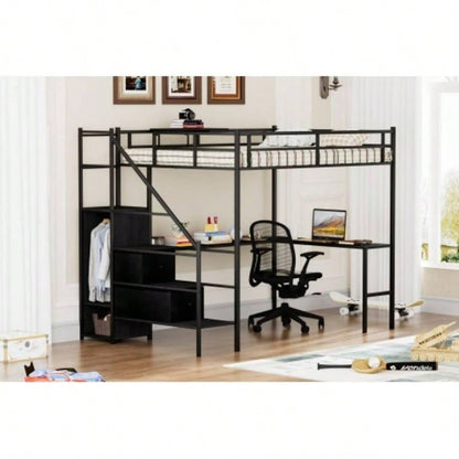 Full Size Metal Loft Bed with L - shaped Desk, LED Lights, Charging Cradle, LED Loft Bed Frame, Full Size Bed with One Cabinet Wardrobe and 2 Fabric Drawers, Safety Rails and Ladder, Black