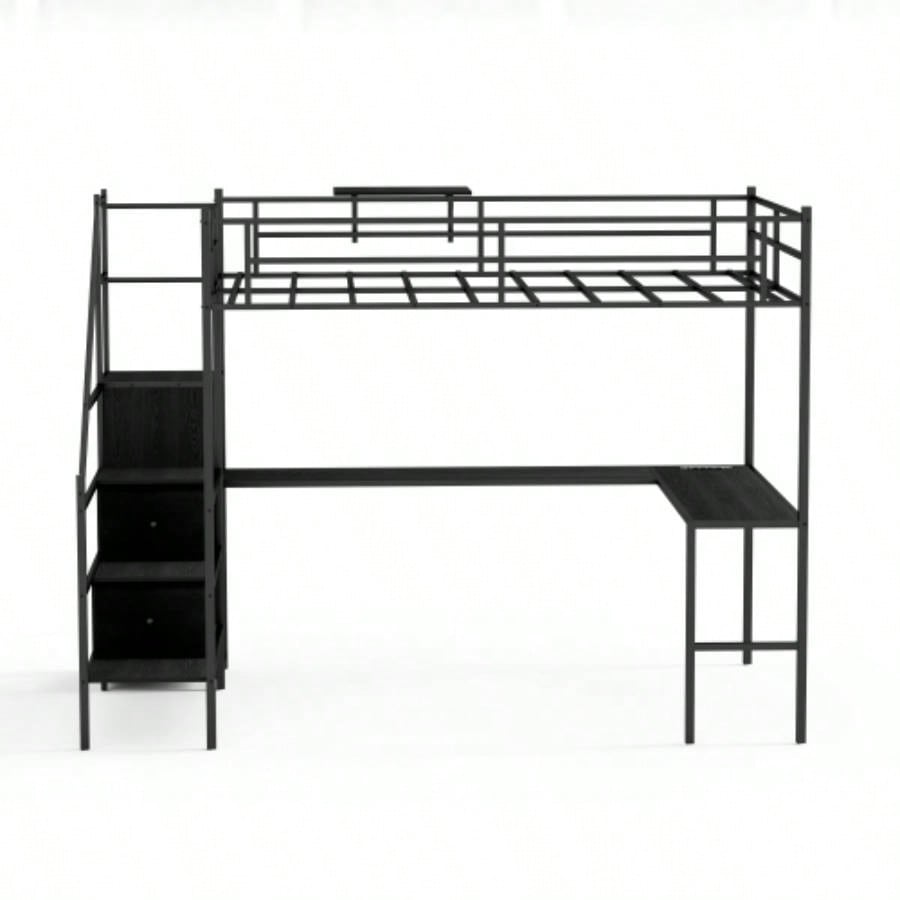 Full Size Metal Loft Bed with L - shaped Desk, LED Lights, Charging Cradle, LED Loft Bed Frame, Full Size Bed with One Cabinet Wardrobe and 2 Fabric Drawers, Safety Rails and Ladder, Black