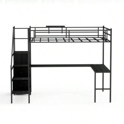 Full Size Metal Loft Bed with L - shaped Desk, LED Lights, Charging Cradle, LED Loft Bed Frame, Full Size Bed with One Cabinet Wardrobe and 2 Fabric Drawers, Safety Rails and Ladder, Black
