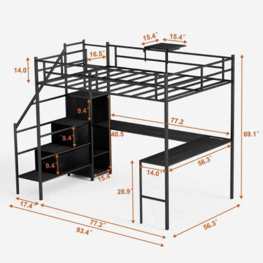 Full Size Metal Loft Bed with L - shaped Desk, LED Lights, Charging Cradle, LED Loft Bed Frame, Full Size Bed with One Cabinet Wardrobe and 2 Fabric Drawers, Safety Rails and Ladder, Black