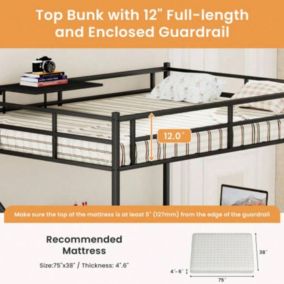 Full Size Metal Loft Bed with L - shaped Desk, LED Lights, Charging Cradle, LED Loft Bed Frame, Full Size Bed with One Cabinet Wardrobe and 2 Fabric Drawers, Safety Rails and Ladder, Black