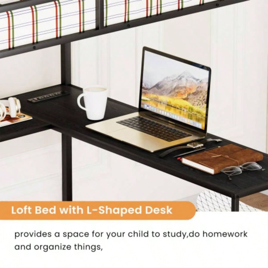 Full Size Metal Loft Bed with L - shaped Desk, LED Lights, Charging Cradle, LED Loft Bed Frame, Full Size Bed with One Cabinet Wardrobe and 2 Fabric Drawers, Safety Rails and Ladder, Black
