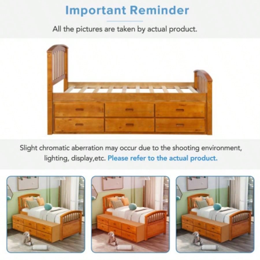 ORISFUR. Twin Size Platform Storage Bed Solid Wood Bed with 6 Drawers