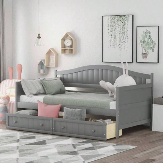 Twin Wooden Daybed with 2 drawers, Sofa Bed Bedroom Living Room, No Box Spring Needed, Gray