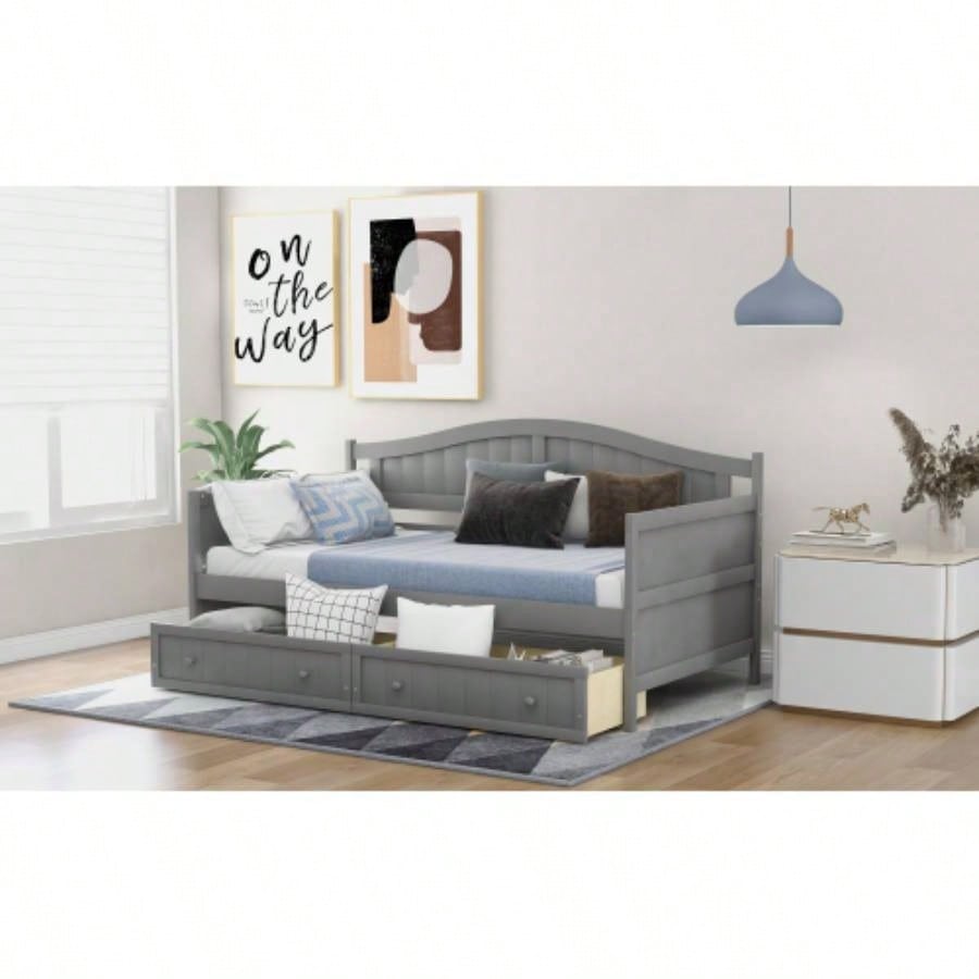 Twin Wooden Daybed with 2 drawers, Sofa Bed Bedroom Living Room, No Box Spring Needed, Gray