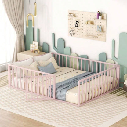 Twin Size Metal Floor Bed Frame with Fence and Door, Black