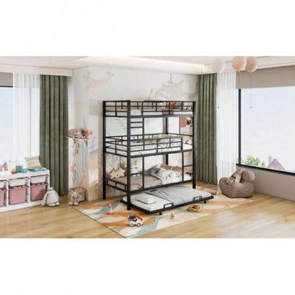 Metal Twin Size Triple Bunk Bed With Trundle, Black