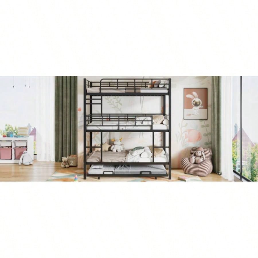 Metal Twin Size Triple Bunk Bed With Trundle, Black