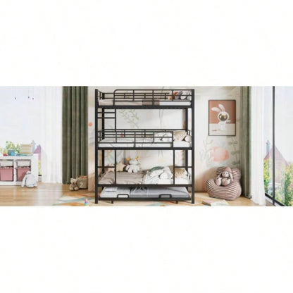 Metal Twin Size Triple Bunk Bed With Trundle, Black