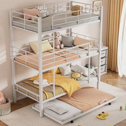 Metal Twin Size Triple Bunk Bed With Trundle, Black