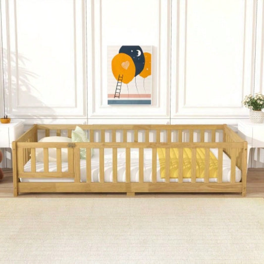 Twin Size Floor Bed with Fence and Door, Rubber Wood Floor Bed with Safety Guardrails, Natural