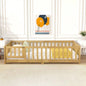 Twin Size Floor Bed with Fence and Door, Rubber Wood Floor Bed with Safety Guardrails, Natural