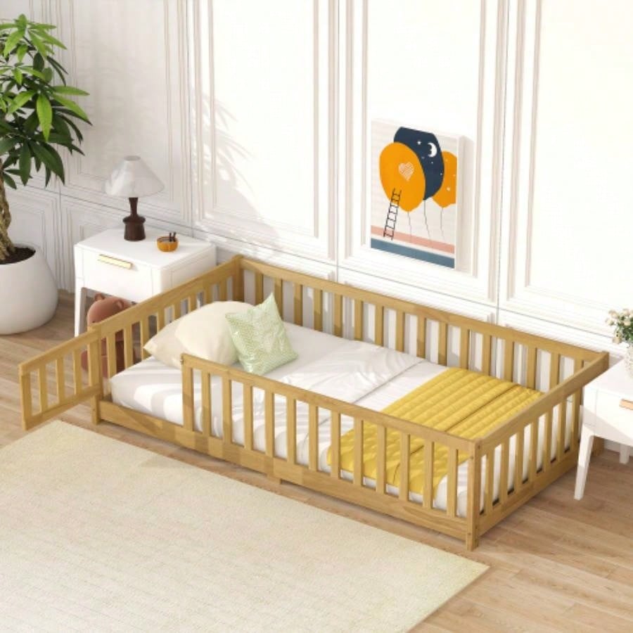Twin Size Floor Bed with Fence and Door, Rubber Wood Floor Bed with Safety Guardrails, Natural