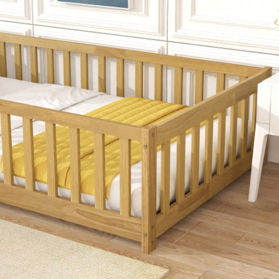Twin Size Floor Bed with Fence and Door, Rubber Wood Floor Bed with Safety Guardrails, Natural