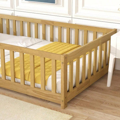 Twin Size Floor Bed with Fence and Door, Rubber Wood Floor Bed with Safety Guardrails, Natural