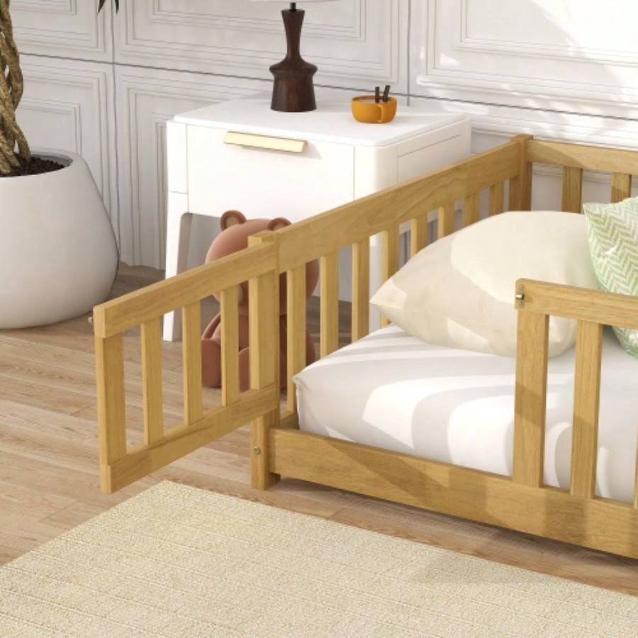 Twin Size Floor Bed with Fence and Door, Rubber Wood Floor Bed with Safety Guardrails, Natural