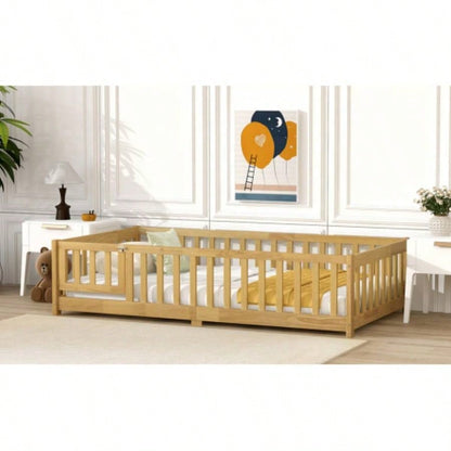Twin Size Floor Bed with Fence and Door, Rubber Wood Floor Bed with Safety Guardrails, Natural