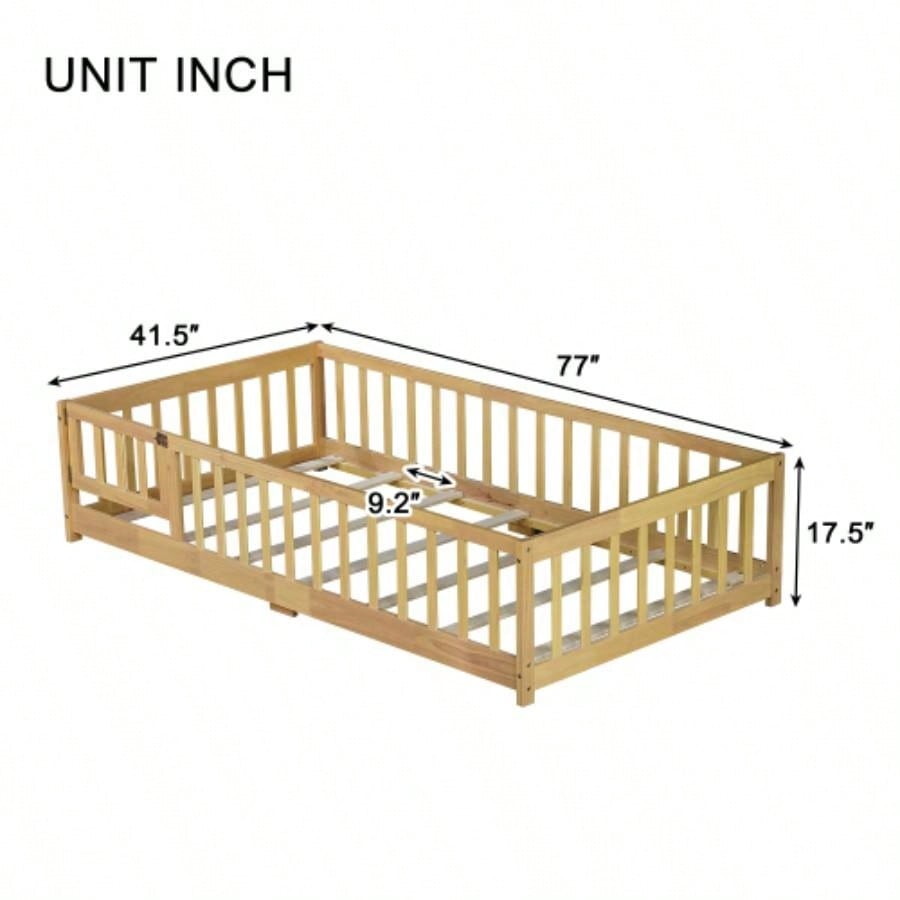 Twin Size Floor Bed with Fence and Door, Rubber Wood Floor Bed with Safety Guardrails, Natural