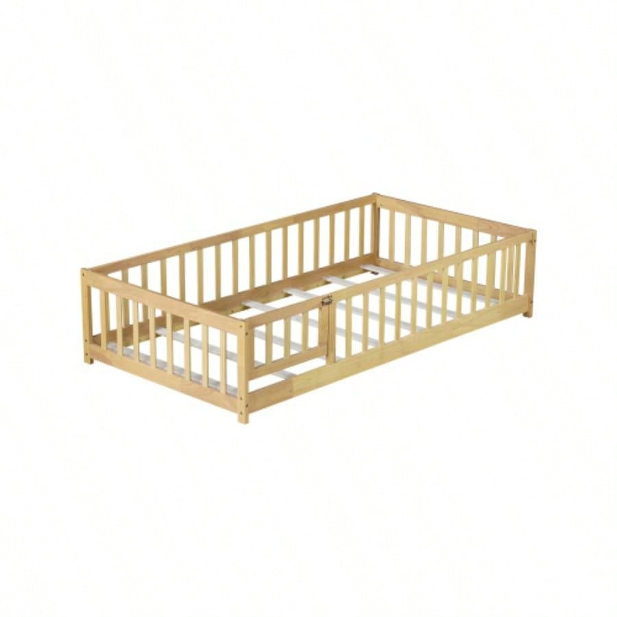 Twin Size Floor Bed with Fence and Door, Rubber Wood Floor Bed with Safety Guardrails, Natural