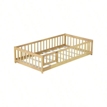 Twin Size Floor Bed with Fence and Door, Rubber Wood Floor Bed with Safety Guardrails, Natural