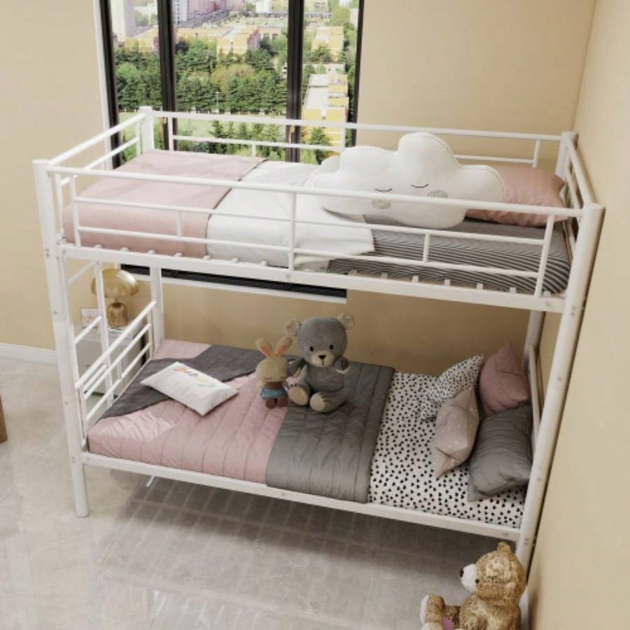 Metal Bunk Bed Twin Over Full Size with Removable Stairs, Heavy Duty Sturdy Frame with 12 Under - Bed Storage Teen Adults, Teens, No Box Spring Needed, White