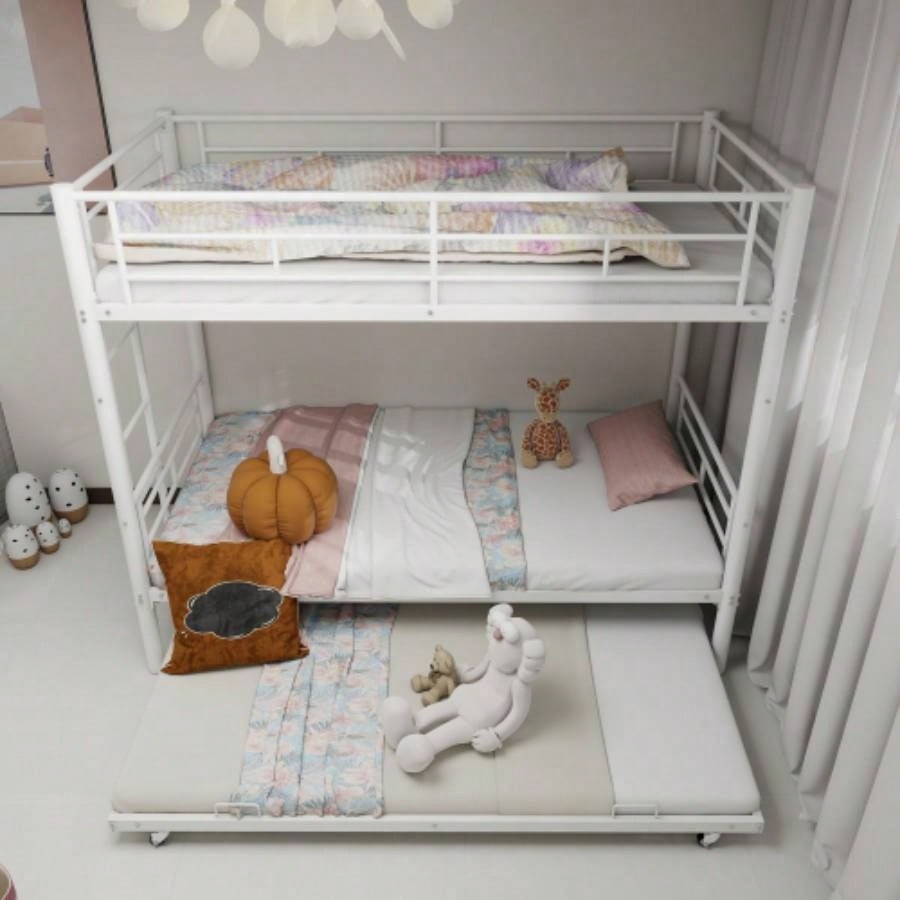 Metal Bunk Bed Twin Over Full Size with Removable Stairs, Heavy Duty Sturdy Frame with 12 Under - Bed Storage Teen Adults, Teens, No Box Spring Needed, White