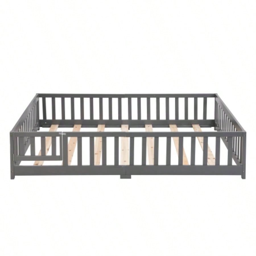 Full Size Floor Bed with Door, Solid Wood Platform Bed Frame with Fence, Suitable children, Pine Wood, Gray