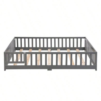 Full Size Floor Bed with Door, Solid Wood Platform Bed Frame with Fence, Suitable children, Pine Wood, Gray