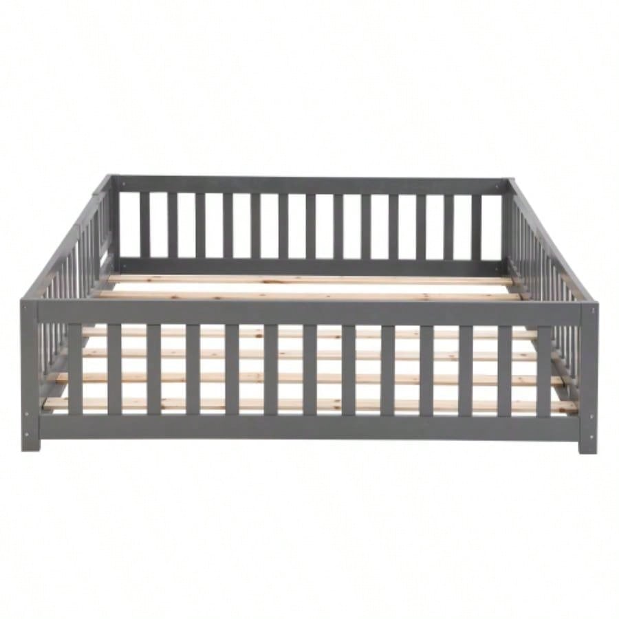 Full Size Floor Bed with Door, Solid Wood Platform Bed Frame with Fence, Suitable children, Pine Wood, Gray