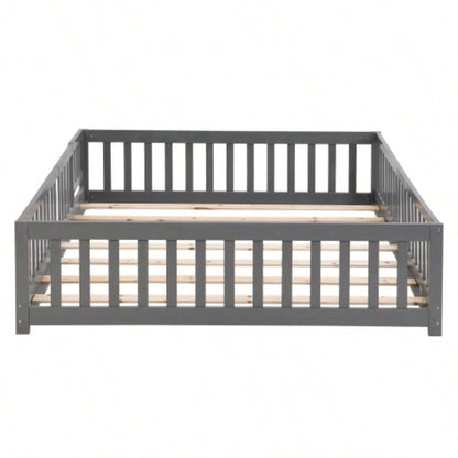 Full Size Floor Bed with Door, Solid Wood Platform Bed Frame with Fence, Suitable children, Pine Wood, Gray