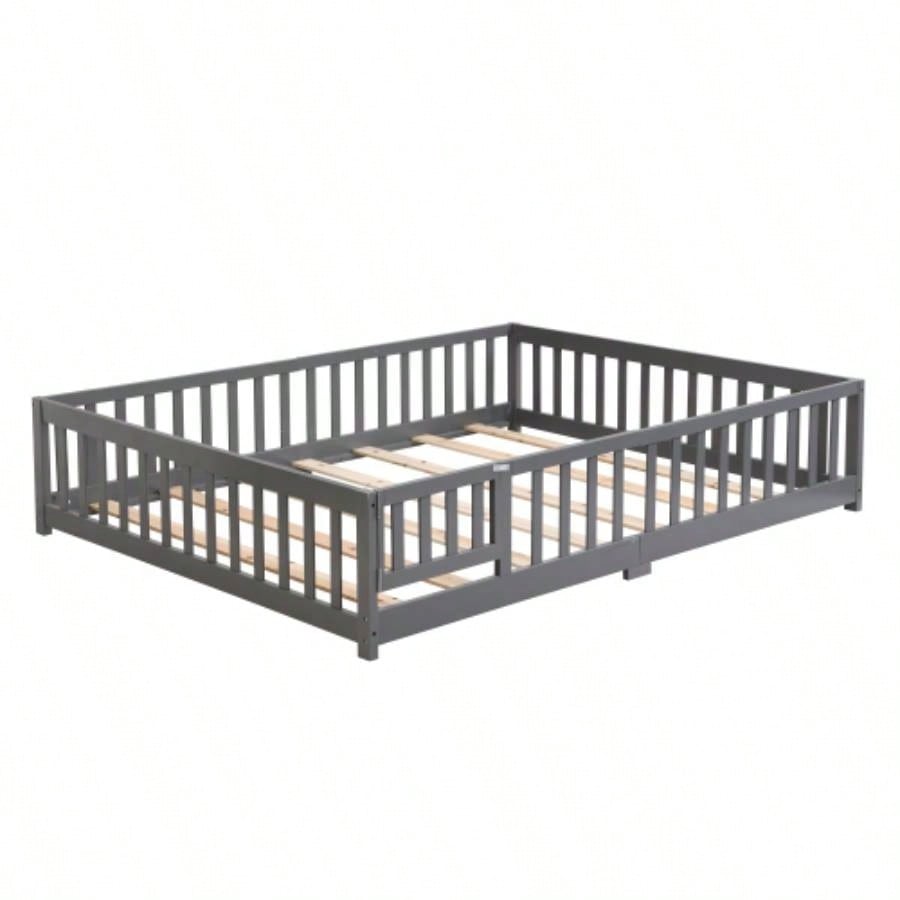 Full Size Floor Bed with Door, Solid Wood Platform Bed Frame with Fence, Suitable children, Pine Wood, Gray