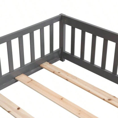 Full Size Floor Bed with Door, Solid Wood Platform Bed Frame with Fence, Suitable children, Pine Wood, Gray