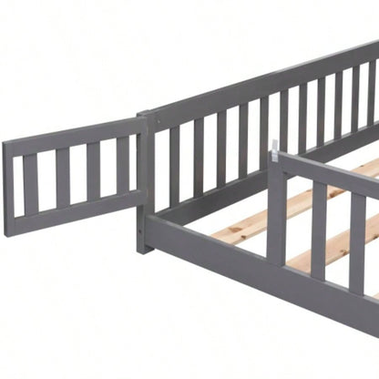 Full Size Floor Bed with Door, Solid Wood Platform Bed Frame with Fence, Suitable children, Pine Wood, Gray