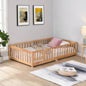 Full Size Floor Bed with Door, Solid Wood Platform Bed Frame with Fence, Suitable children, Pine Wood, Gray