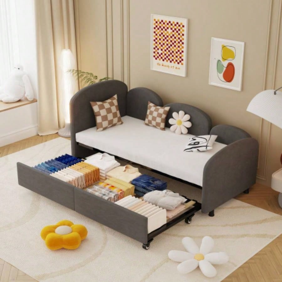 Twin Size Twin Size Bed frames With An Another Bed frame, Velvet Upholstered Daybed, Modern Sofa Bed Daybed Frame Bedroom Living Room, Suitable Living Room, Kids Room, Bedroom Ddry Gray