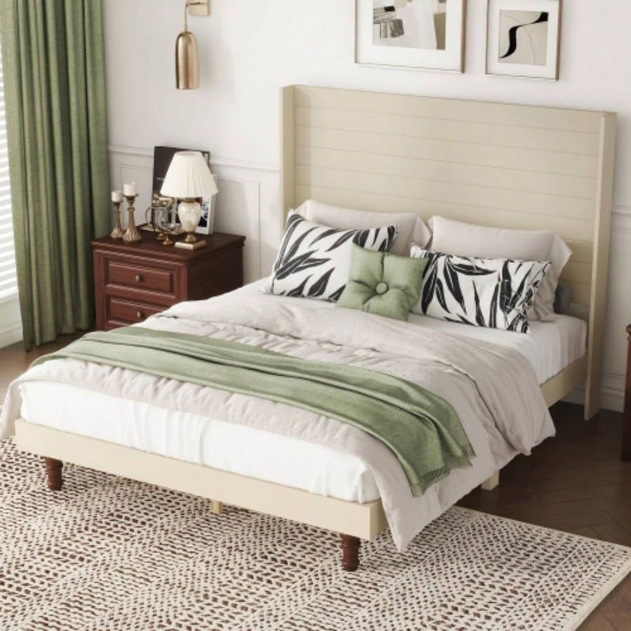 Stylish High Headboard Bed, 54 High Headboard, High Quality, Comfortable High Back Design Reading or Relaxing, Size, Beige