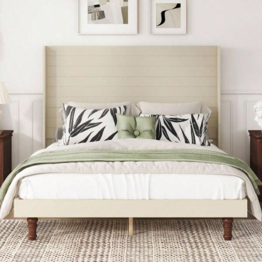 Stylish High Headboard Bed, 54 High Headboard, High Quality, Comfortable High Back Design Reading or Relaxing, Size, Beige