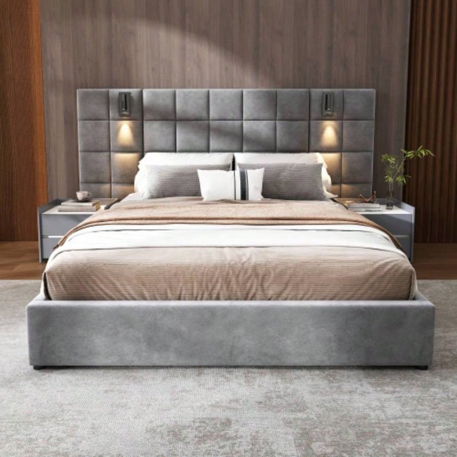 Upholstered bed, with reading lamp and USB port, wide headboard, without bedside tables and mattress, velvet,