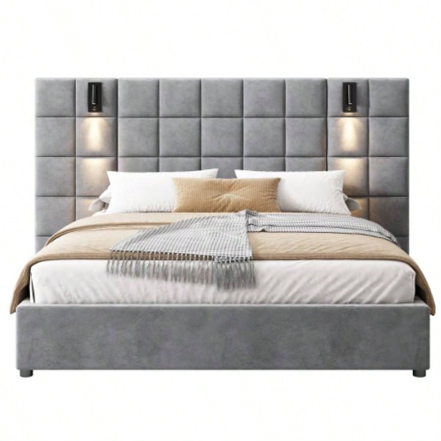 Upholstered bed, with reading lamp and USB port, wide headboard, without bedside tables and mattress, velvet,