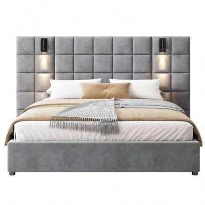 Upholstered bed, with reading lamp and USB port, wide headboard, without bedside tables and mattress, velvet,