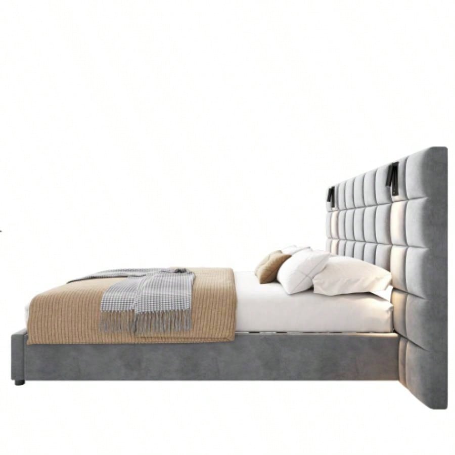 Upholstered bed, with reading lamp and USB port, wide headboard, without bedside tables and mattress, velvet,