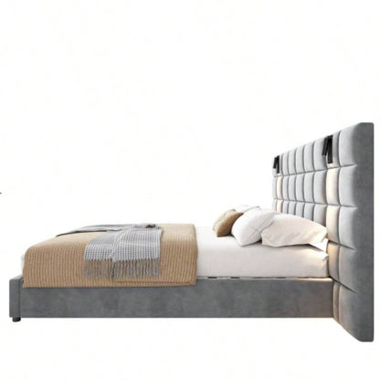 Upholstered bed, with reading lamp and USB port, wide headboard, without bedside tables and mattress, velvet,