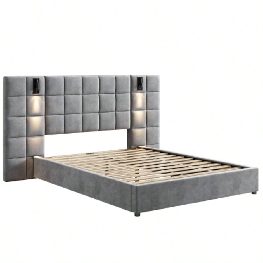 Upholstered bed, with reading lamp and USB port, wide headboard, without bedside tables and mattress, velvet,