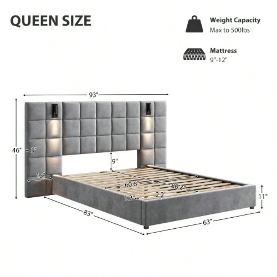 Upholstered bed, with reading lamp and USB port, wide headboard, without bedside tables and mattress, velvet,
