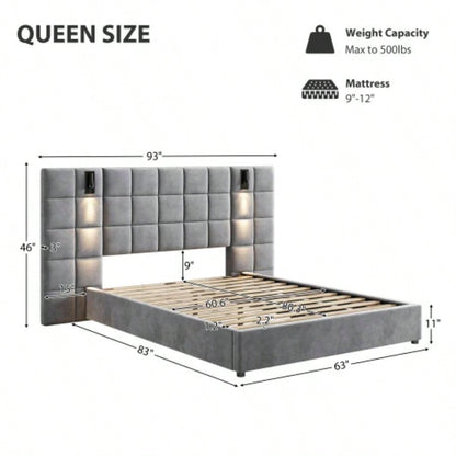 Upholstered bed, with reading lamp and USB port, wide headboard, without bedside tables and mattress, velvet,