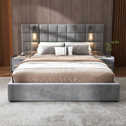 Upholstered bed, with reading lamp and USB port, wide headboard, without bedside tables and mattress, velvet,