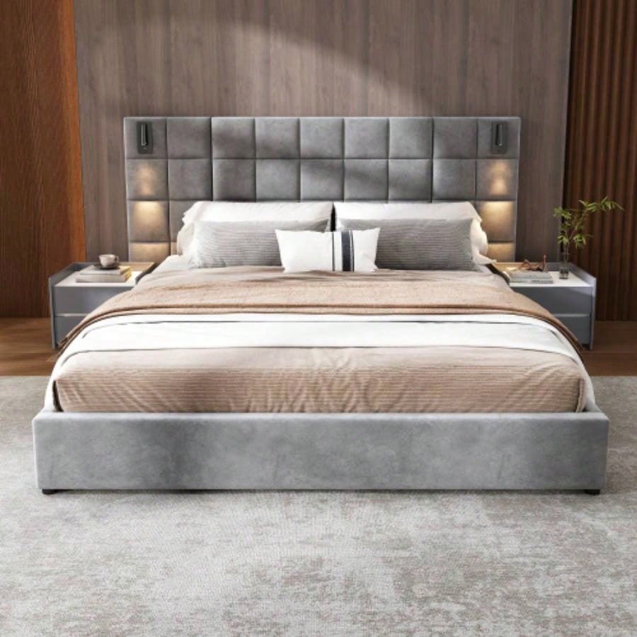 Upholstered bed, with reading lamp and USB port, wide headboard, without bedside tables and mattress, velvet,