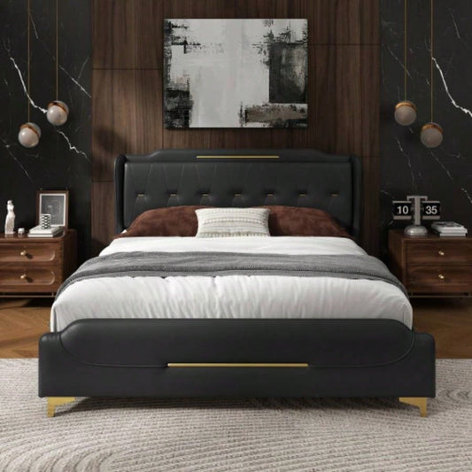 Size Leather Bed frame with Wingback Headboard Footboard, PU Upholstered Platform bed, Solid Wooden Slats Support, Easy Assembly