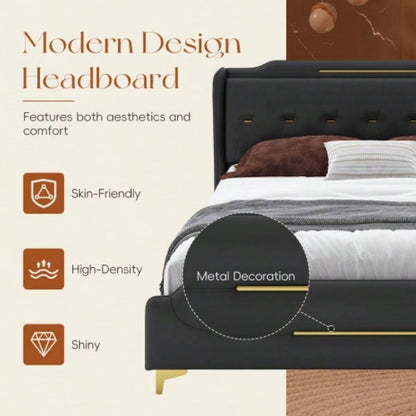 Size Leather Bed frame with Wingback Headboard Footboard, PU Upholstered Platform bed, Solid Wooden Slats Support, Easy Assembly